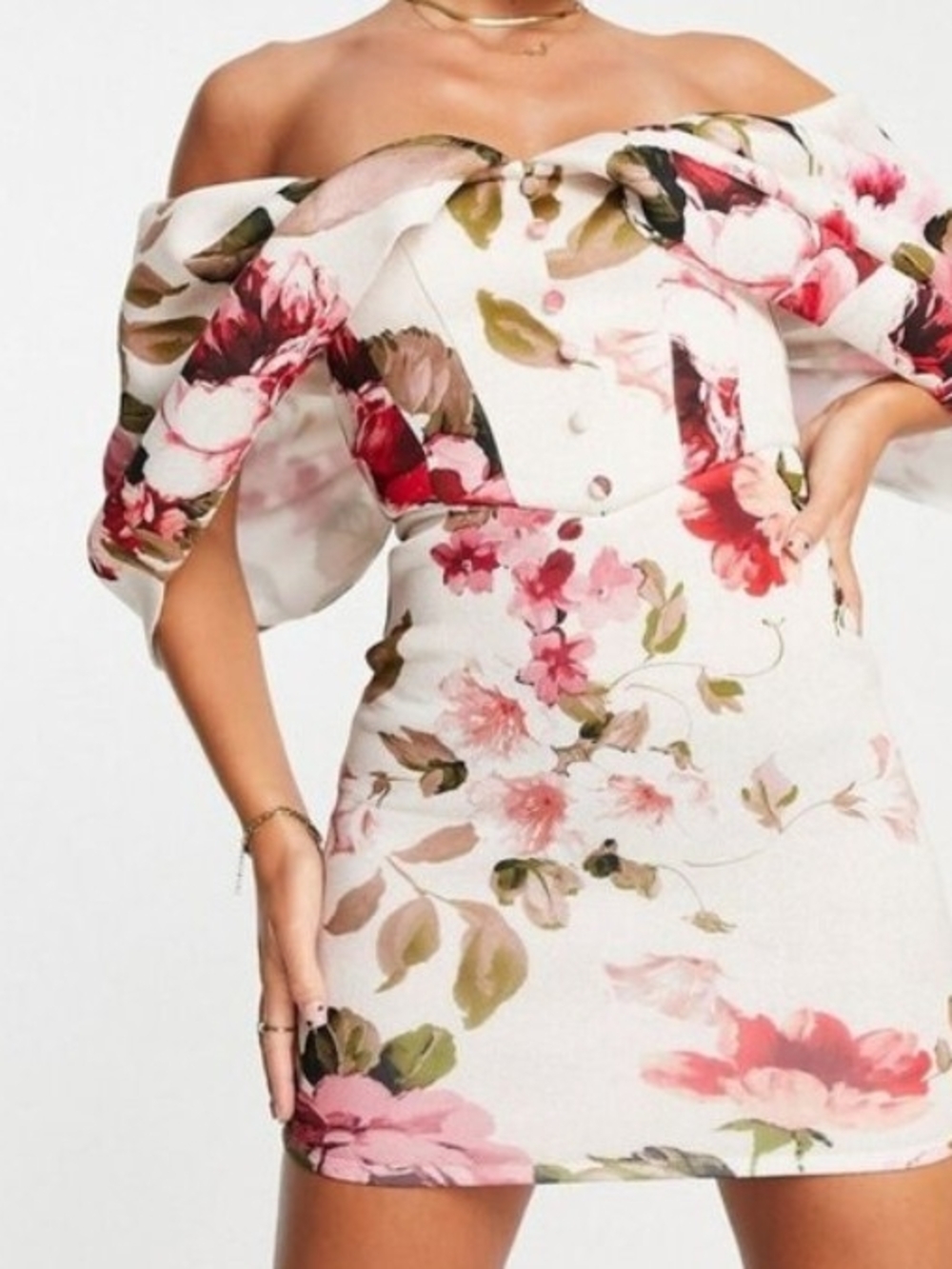 ASOS Size 4 White Off-Shoulder Floral Mini Dress with Pink and Red Blooms